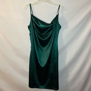 Green Cowl Neck Spaghetti Strap Satin Cocktail Pencil Dress
